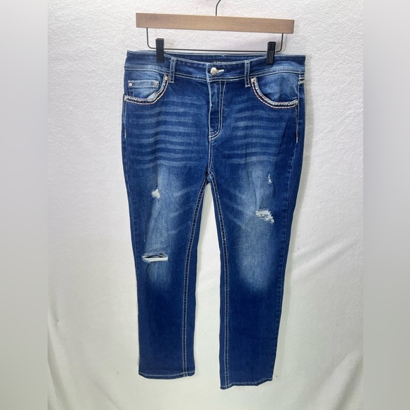 Flamingo Flamingals Distressed Faded Jeans Womens L Super Stretch pockets 1812 - Picture 1 of 11